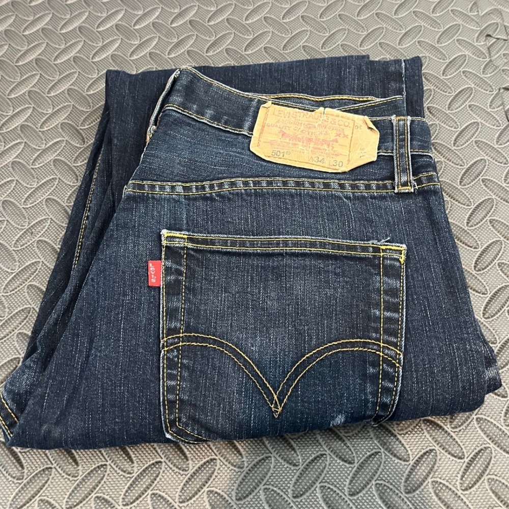 Vintage Levis 501 Jeans Mens 34x30 Dark Wash Straight Leg Button Fly Distressed